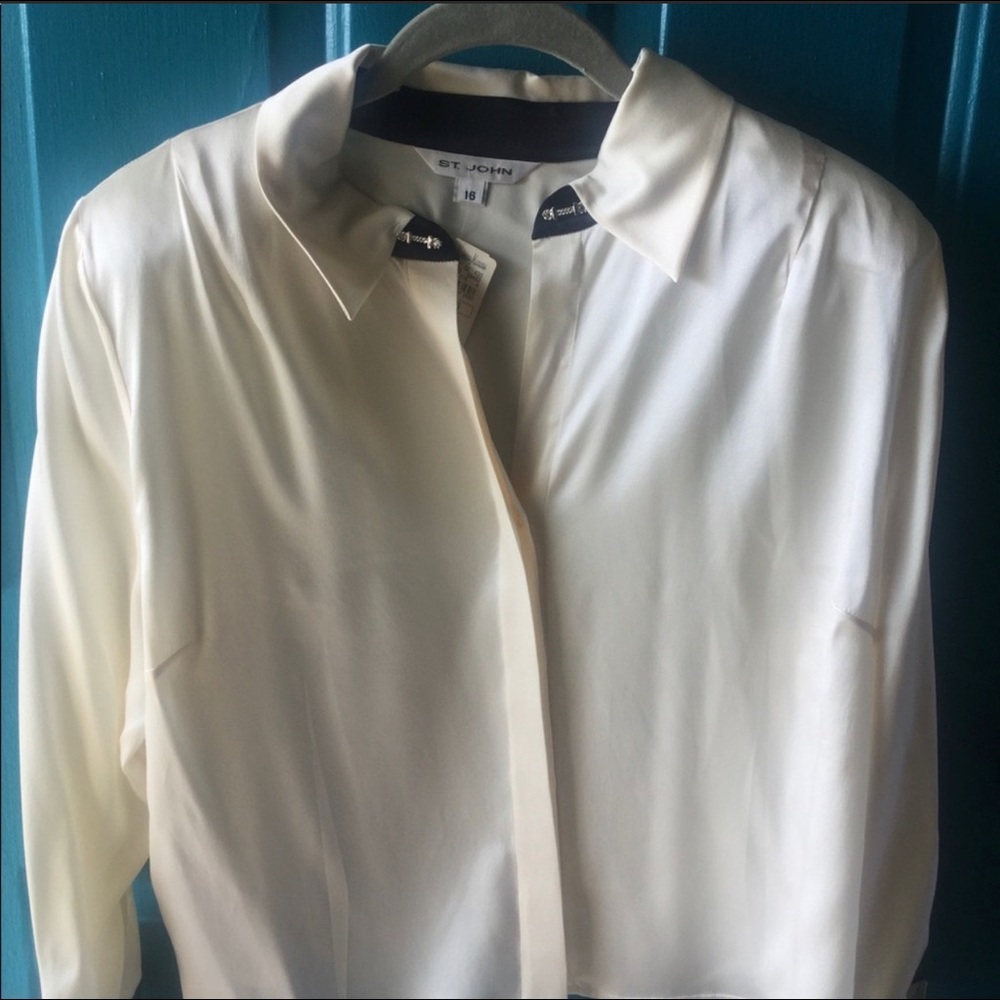 St John silk off white black trim shirt top NWTs